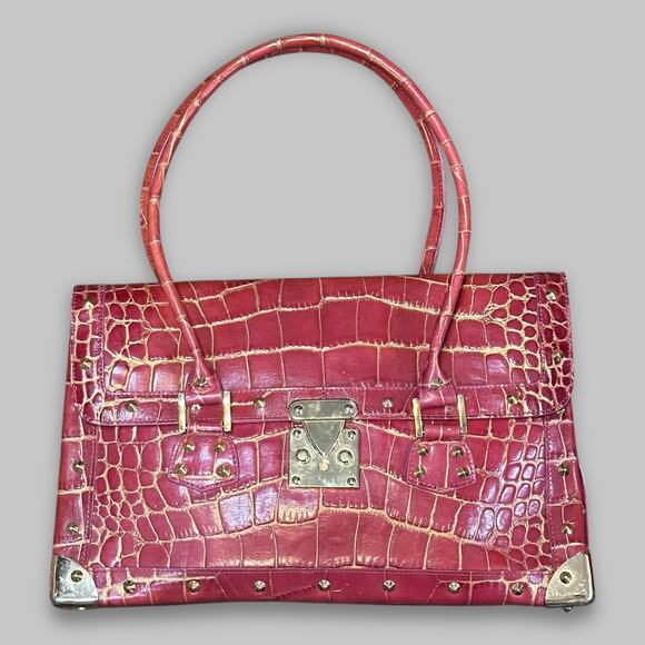 Vintage Nordstrom Croc-Embossed Genuine Leather Satchel Tote – Red - Picture 1 of 7